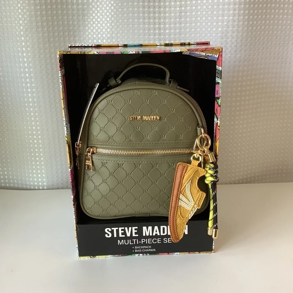 Steve Madden Backpack & Bag Charms Box Set Olive Green Quilted Faux Leather NIB